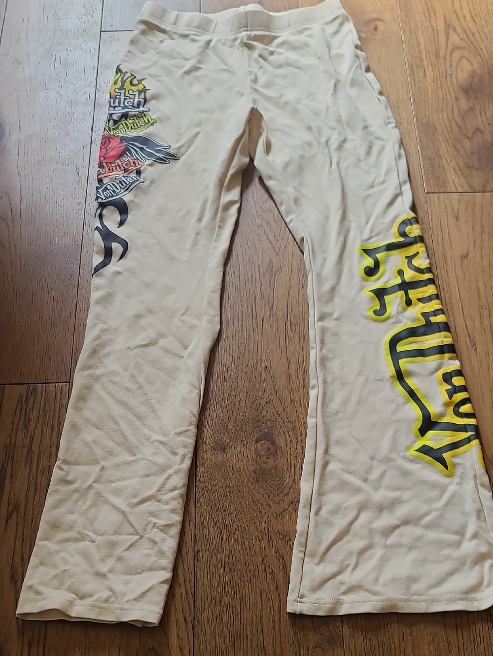 Von Dutch Beige/yellow Waistband Top with Graffiti On Side Leg, Flare Bottoms
